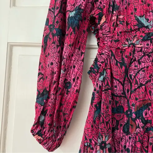 Ulla Johnson Helia Ruched Print Cotton Midi Dress Pink Snapdragon Size 2 Cut Out