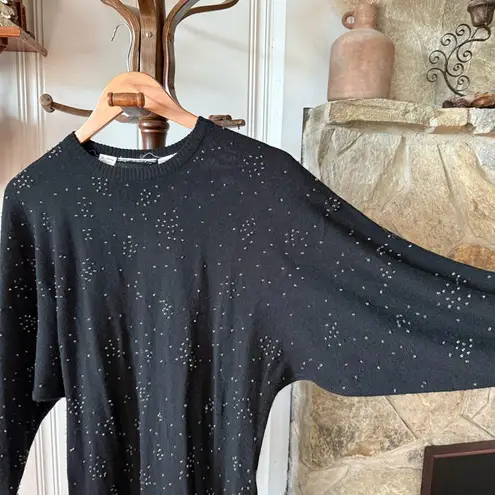 Vintage 100% Wool Beaded Dolman Sleeve Black Knit Sweater Dress