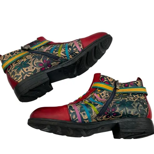 Socofy Womens Size 39 US 8 Artsy Leather Ankle Boots Multicolor Boho Chic Hippie Red