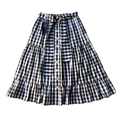 NWT Polo Ralph Lauren Tiered Silk Midi in Black White Gingham Button Skirt 2