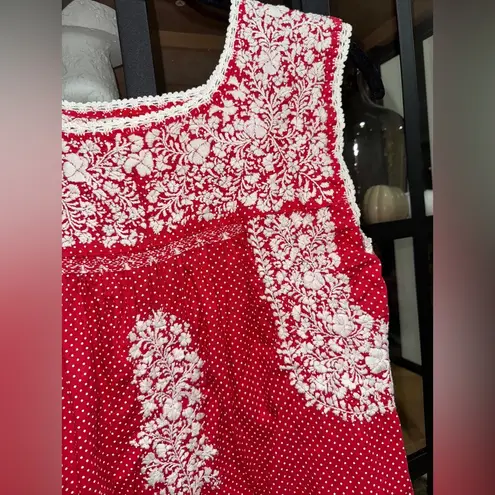 Mi Golondrina embroidered blouse tunic flores top sleeveless polka dots print Red Size L