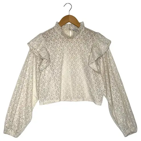 ZARA  Top Womens M Floral Lace Ruffle Neck Shoulders Long Sleeve High Neck Cream