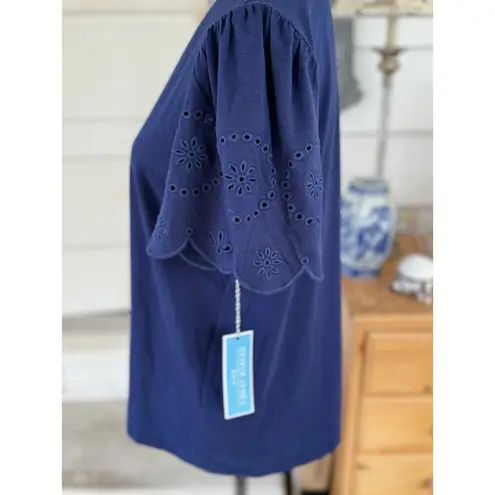 Draper James Blouse Women's Navy Blue Preppy Southern Eyelet Sleeve Sz L New