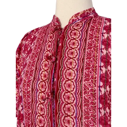 Vintage Metallic Sheer Chiffon Pink Floral Boho Button Up Maxi Kaftan Dress OS Size undefined