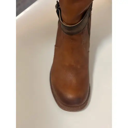 FREEBIRD by Steven Holland Tan Leather Tall Boots Buckle Side Zip Block Heel