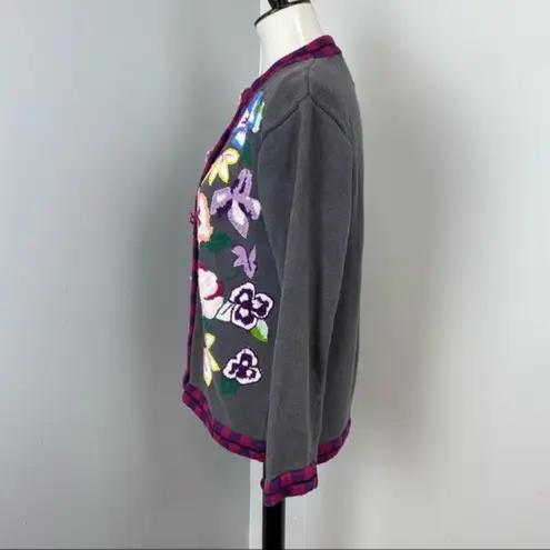 Storybook Knits Beautiful Colorful Whimsical Floral Knit Cardigan Small Gray