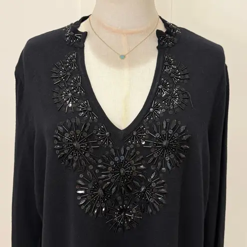Inc international INC Tunic Sweater 1X Black Beaded V Neck Embellished Chic Classic Holiday Party