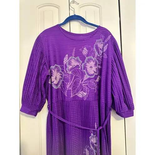 Vintage Purple Floral Disco Dress Pleated Midi Belted 3/4 Sleeve Party Size undefined