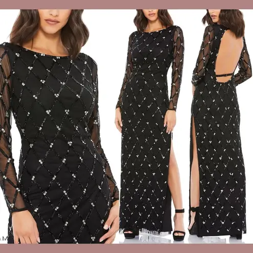 Mac Duggal NWT #9109 Sequin Embellished Long Sleeve Gown Dress Black Size 0 NEW