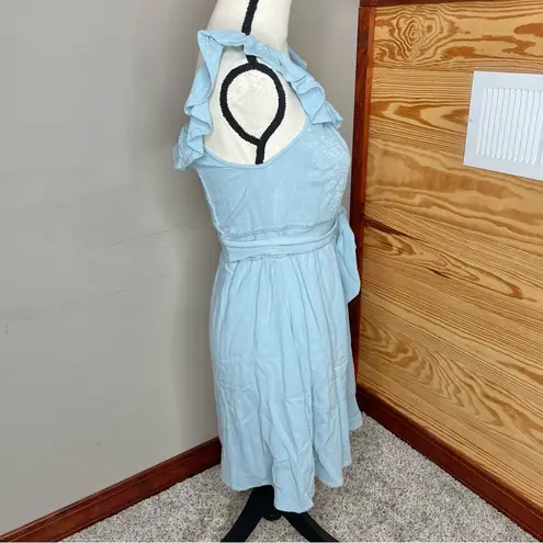 Altar’d State Blue Chambray Floral Embroidered Smocked Ruffle Mini Dress Medium thumbnail 2