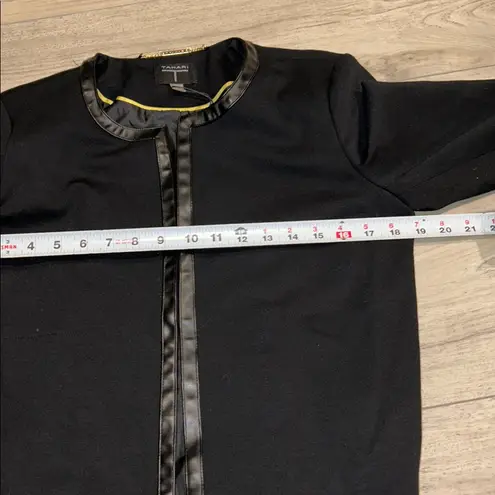 Tahari NWT T Black Collarless Open Front Faux Leather Trim Jacket Blazer M