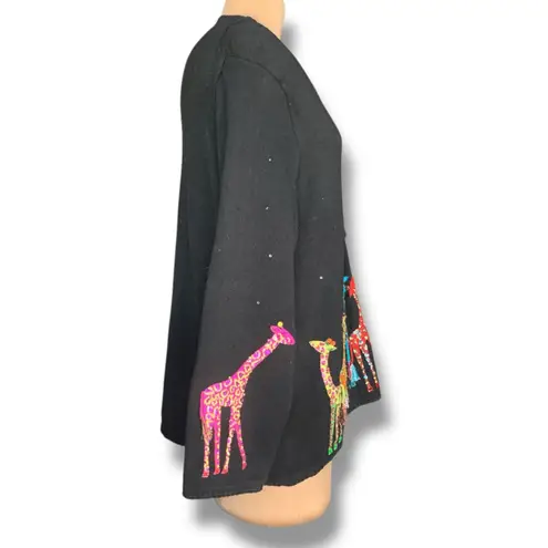 Vintage Michael Simon Giraffe Cardigan Black Embroidered Animal Print Sweater Size 3X
