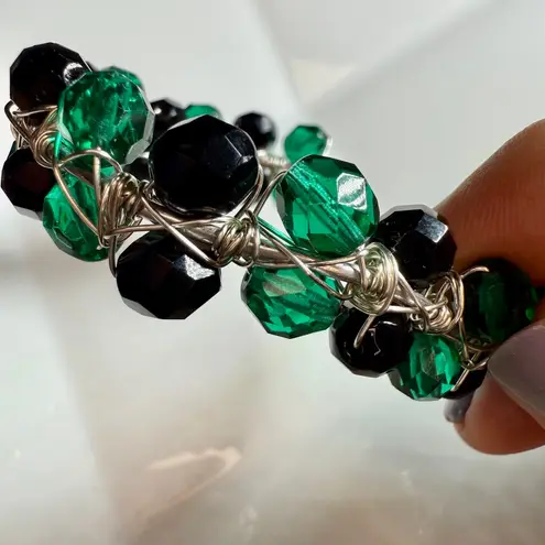 Hand Crafted Green & Black Faceted Beaded Wire Wrapped Open Cuff Bracelet