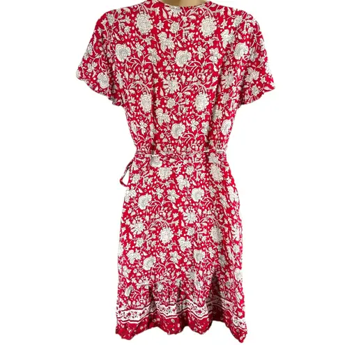 Womens Red Floral Wrap Midi Dress Short Sleeve Tie Waist Size M Size M