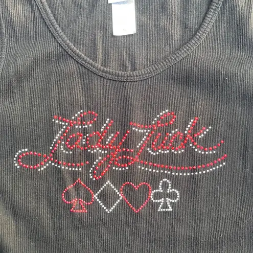 Vtg Y2K Lady Luck black rhinestone studded tank top card suits gambling Vegas Size XL