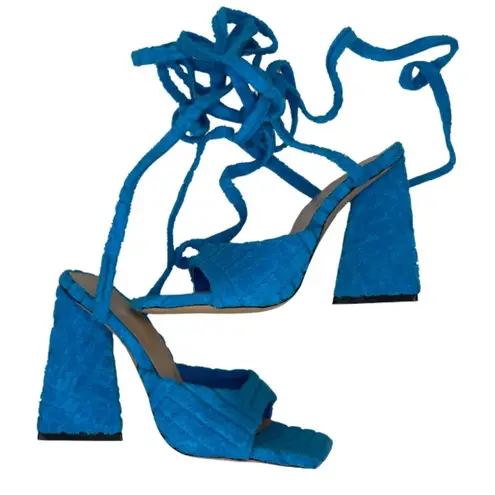 None Women's Vibrant Blue Square Toe Lace Up Chunky Heel Strappy Sandals Sz 6.5