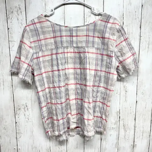 Susina Top Women Size Small Multicolor Plaid Short Sleeve Blouse Raw Hem Casual