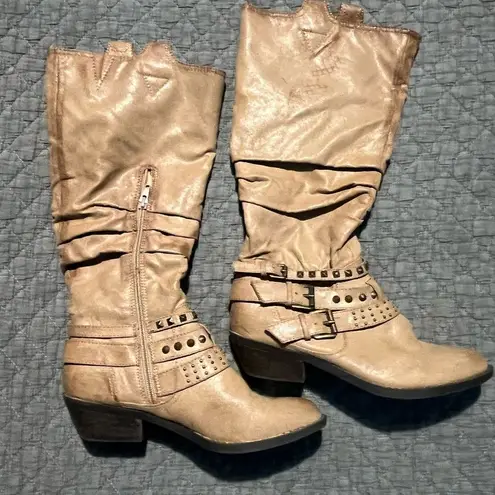 Report Signature Tan Tall Heeled Boots with Chunky Heel and Straps SZ 9 Western Black