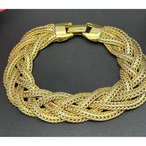Pretty Gold Tone Braided Chain Bracelet 8" Statement Piece