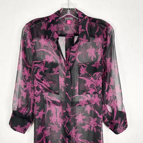 Vince Camuto  XS Dress Semi Sheer Purple Black Floral Midi Button Down Belted 484