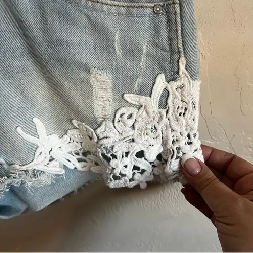 Denim & Co Denim Co. Distressed Button Fly Lace Embroidered Booty Denim Shorts