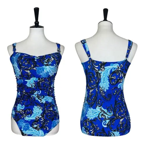 Longitude Robby Len One Piece Swimsuit Shirred Waist Slimming Blue Paisley Women’s Size 14