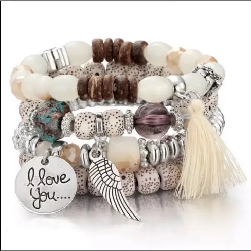 Boho Bead Stretch Stack Gypsy Tassel Bracelets White