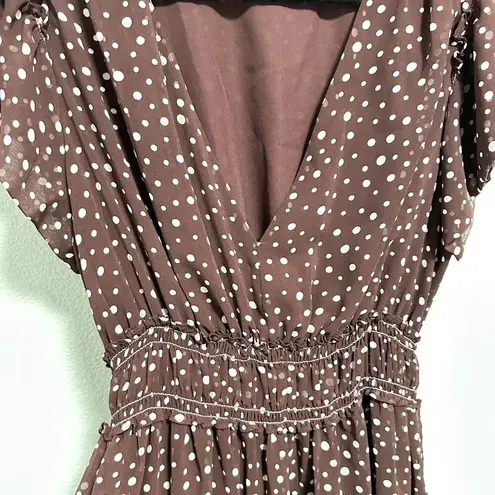 Max Studio  Burgundy V Neck Polka Dot Flowy Ruffle Sleeve Dress Romantic Fall S/M