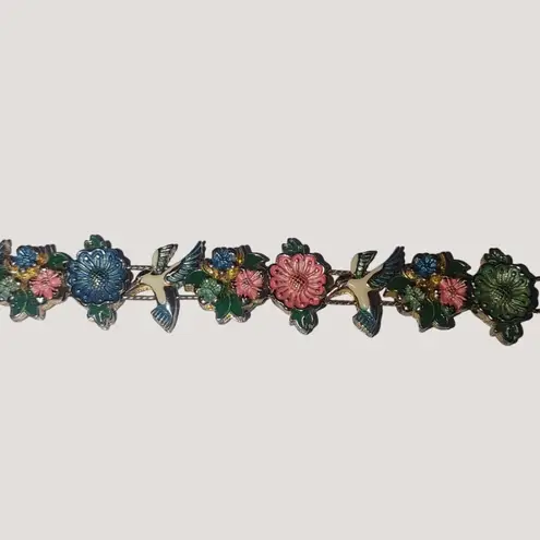 Bracelet Vintage Gold Tone Hummingbird Floral Spring Enamel Link Fold Over Clasp Pink
