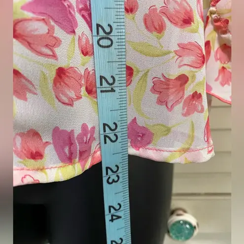 Byer Dress White/Pink/Green Floral Chiffon Pearl Button Up Blouse Size 12 Ruffle White