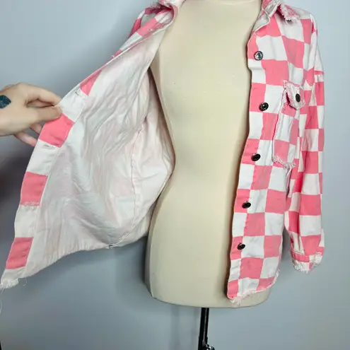 Boutique Pink & White Checkered Denim Jacket