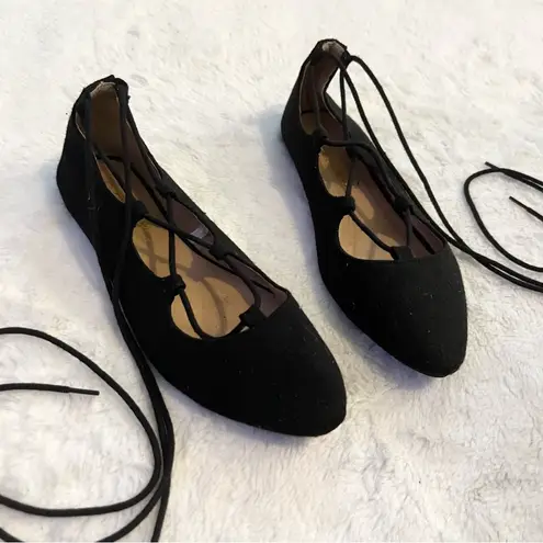 Charles Albert Solid Black Lace Up Almond Toe Flats Size 6