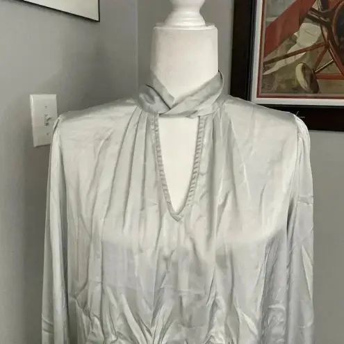 Joie  Silver Long Sleeve Key Hole Blouse High neck Size Medium Satin