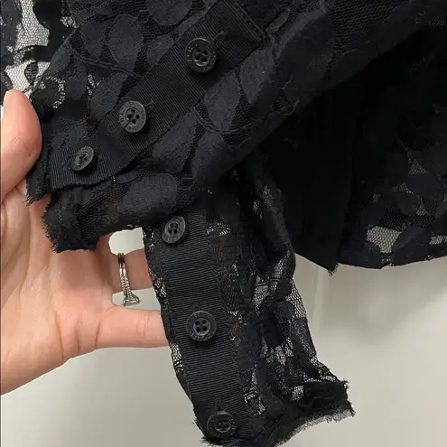 Rachel Rachel Roy Black Leaf Printed Sheer Mesh Lace Long Sleeve Blouse