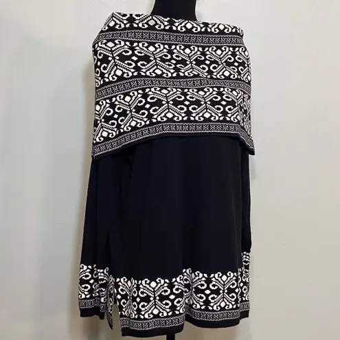 Gina Rossi XL Black Sweater W/ White Pattern & Matching Cowl Neck Scarf
