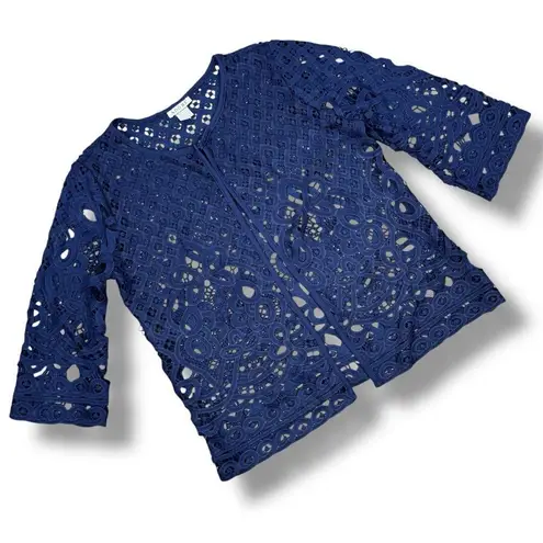 Adore Open Eyelet Lace Topper Cardigan Jacket Navy Blue Medium