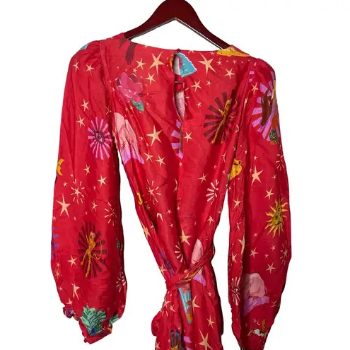 Farm Rio Lotus Star Front Twisted Midi Red Dress sz S