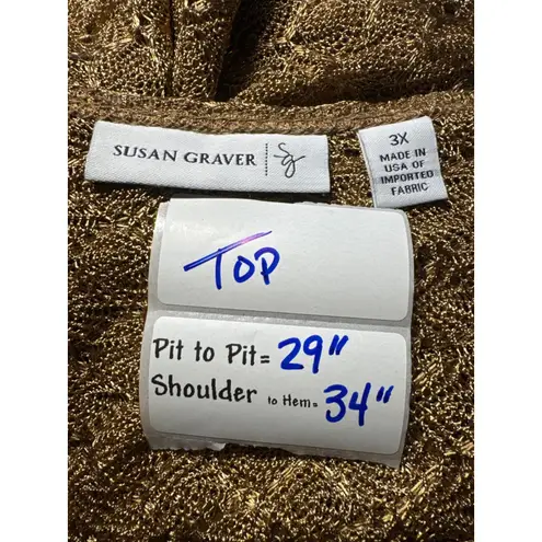 Susan Graver Womens 3X Metallic Knit Top Gold Short Sleeve Sheer Overlay
