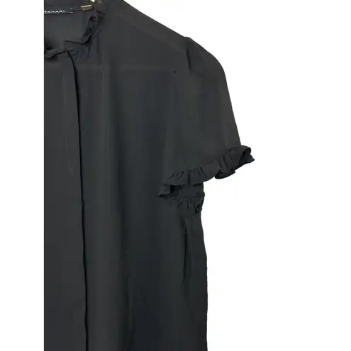 T Tahari  Short Sleeve Black Semi-Sheer Ruffled Button Up Blouse Women's Sz XS