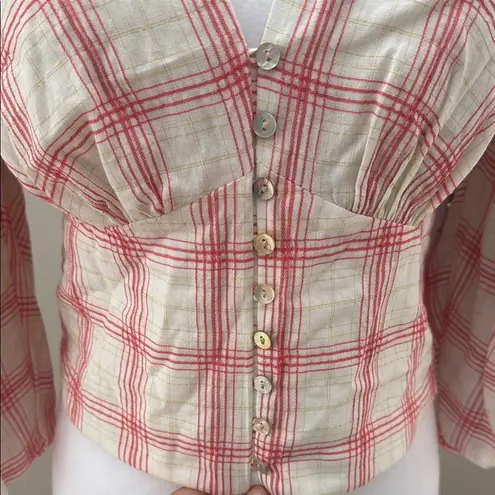 Bailey 44 Abigail Pink and Cream v-neck button front puff sleeve blouse top NWT