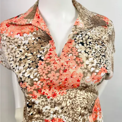 Mardi Modes New York ILGWU Vintage Floral Wide Collar Cap Sleeve Blouse USA Brown Size M