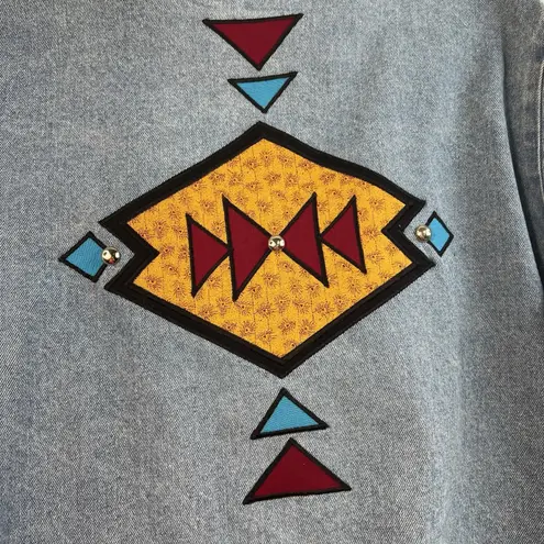 Vintage S Small Denim Jacket Southwest Aztec Embroidered Oversized Made in USA Blue