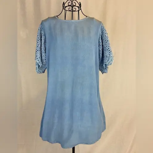 Eyelet Sleeve Pale Denim Chambray Blue Mini Dress by Style Envy Fairy Feminine