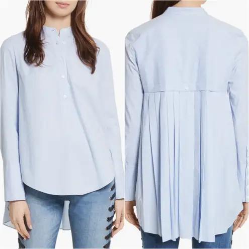 Veronica Beard Top Greer Pleated Stretch Cotton Shirt High Low Hem Striped Sz 4