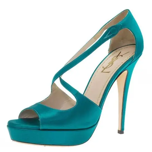 Saint Laurent Paris Turquoise Satin Tribute Cross Strap Platform Sandals Size 35