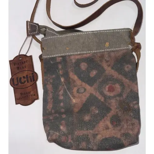 Uchi Gold Splattered Small Canvas Crossbody Equestrian Boho Vintage Wear Purse Brown