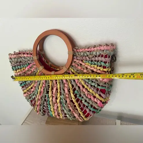 Patricia Nash Lesa Multicolor Pastel Straw Bag Wood Ring Handle Boho NO STRAP
