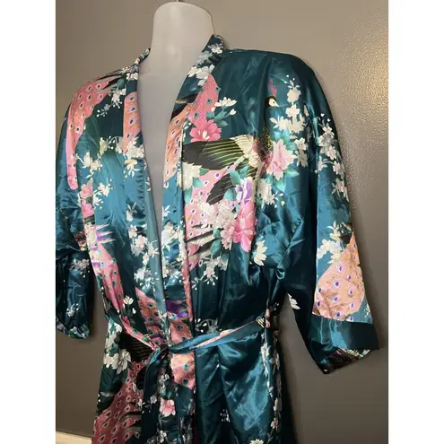 Peacock Floral Long Robe Womens Large Green Satin Kimono Belted Loungewear