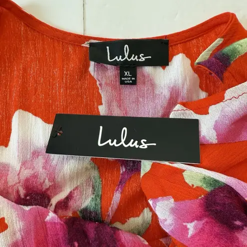 NWT Lulus Have Love Will Travel Coral Red Floral Gauze Wrap Midi Dress Size XL