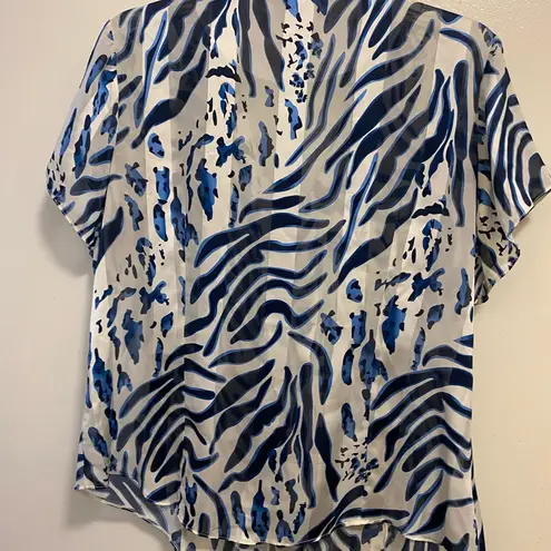 Naomi Womens Sheer Button Down Blouse XL 42” Blue White Print Ruffles Beach